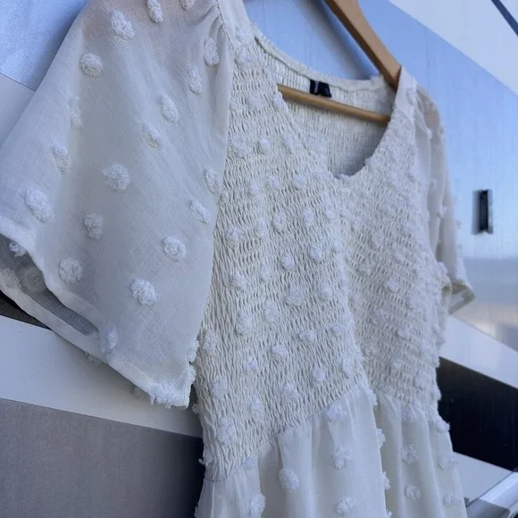 Annebouti Swiss Dot Midi Dress Sz XS Cream Smocked Cute Swing Ruffle Hem Girlie - Picture 7 of 10